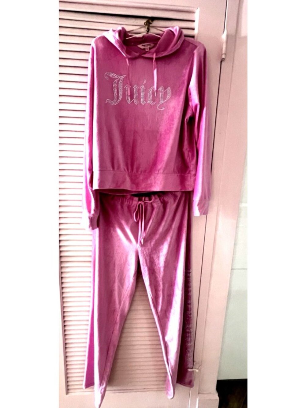 JUICY COUTURE Size XL Velour OG Bling Tracksuit Hoodie & Pant Set Pink Ribbed